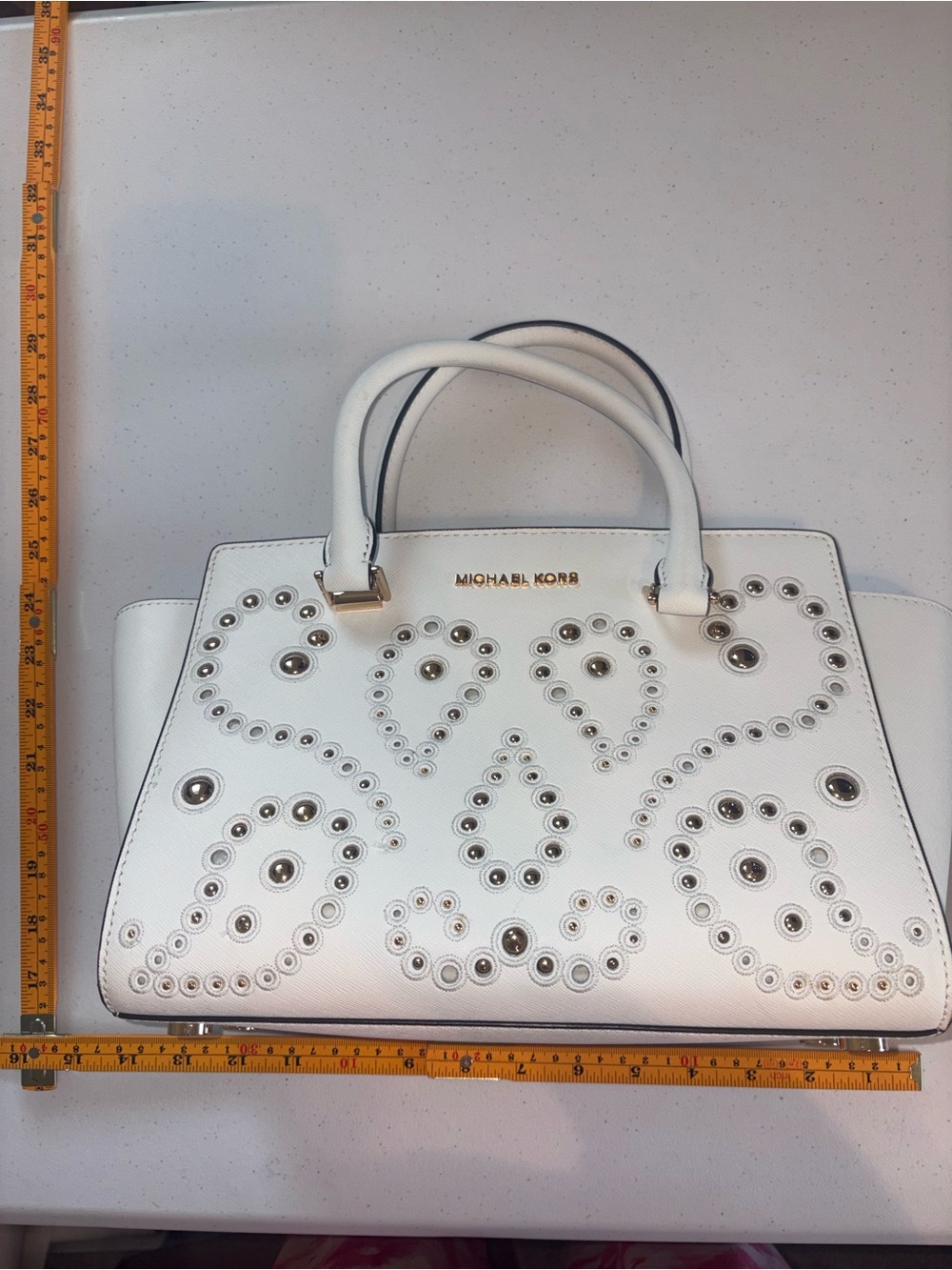Michael Kors White Studded Saffiano Satchel with Silver Hardware